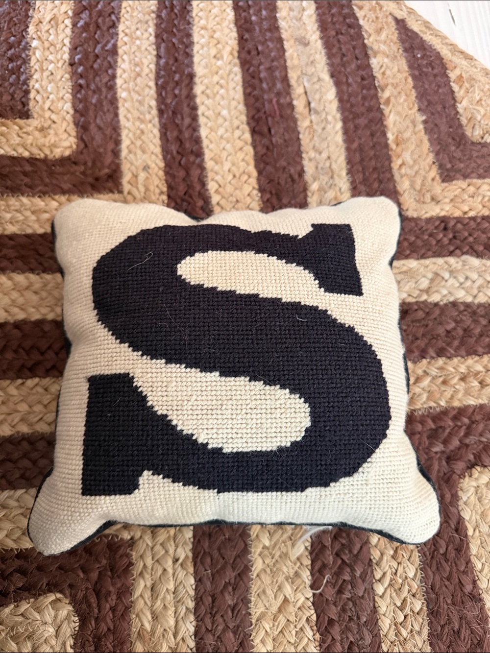 Needlepoint Monogram 'S' Accent Pillow in Cream and Black - Classic Home Accent